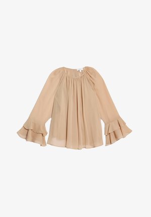Beżowa bluzka z szyfonu o długich rękawach, z dekoltem w zbieraną konstrukcję i rozkloszowanymi mankietami. Miękka tekstura i swobodny krój.