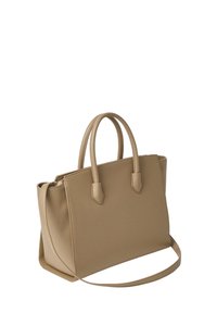 Borsa tote in pelle texturizzata beige con doppi manici superiori e tracolla removibile. Presenta una chiusura con zip e un design minimalista.