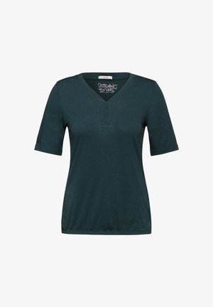 T-paita, tummanvihreä, lyhythihainen, V-pääntiellä, valmistettu pehmeästä materiaalista, jossa on huomaamaton etusaumaan liittyvä yksityiskohta ja ommeltu helma.