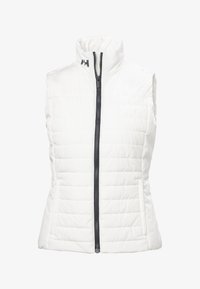 Chaleco blanco acolchado sin mangas con cuello alto, cremallera frontal negra y dos bolsillos laterales, con un pequeño logo negro en el cuello.