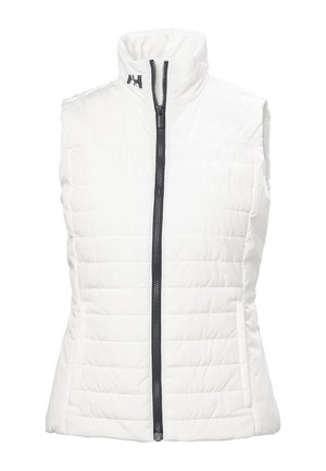 Biała pikowana kamizelka bez rękawów z wysokim kołnierzem, czarnym zamkiem błyskawicznym z przodu oraz dwoma kieszeniami po bokach, z małym czarnym logo na kołnierzu.