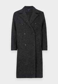 Kahekordse nööpimiskohaga mantel tumedas hallis kalasaba mustris. Valmistatud tekstureeritud kangast, millel on notsitud krae ja kaks esimest taskut.