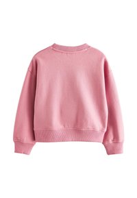 Felpa rosa, tessuto morbido, collo rotondo, design leggermente accorciato, polsini a coste, texture liscia e senza pattern o grafiche visibili.