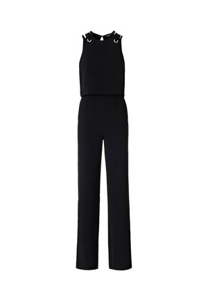 Black jumpsuit with a sleeveless design, featuring circular metal accents on the shoulders, tailored fit, and straight leg cut.