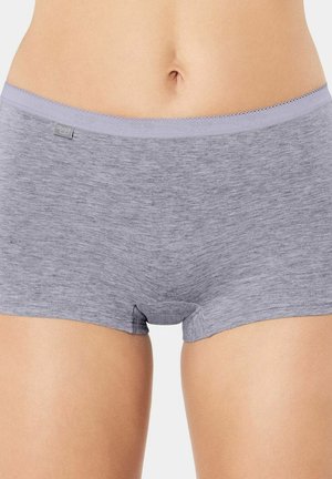 Gray cotton boyshorts with a seamless waistband and a soft texture, featuring a small logo tag. The design is simple and functional.