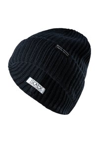 Black knitted beanie with ribbed texture, featuring a white label with "SOCX" and "LIMITED EDITION" text on the front.