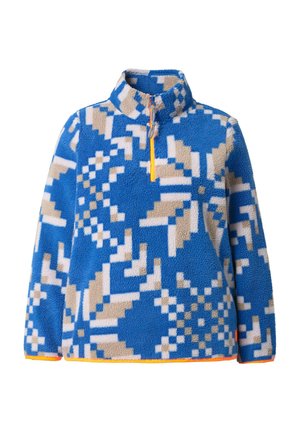 Pull polaire à motifs géométriques bleus, beiges et blancs ; col montant avec fermeture éclair ; accents orange au niveau de la fermeture et de l'ourlet. Texture douce.