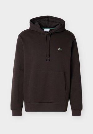 Sweat à capuche Lacoste marron foncé avec une poche kangourou, une capuche à cordon, des poignets côtelés et un petit logo crocodile vert sur la poitrine.