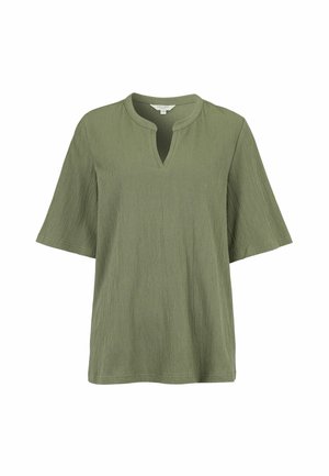 Olivgrüne, strukturierte Bluse mit kurzen Ärmeln, lockerer Passform und rundem V-Ausschnitt mit kleinem Schlitz.