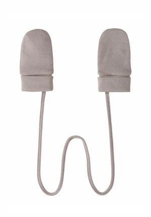 Pair of light gray baby mittens connected by a long fabric string to prevent loss.