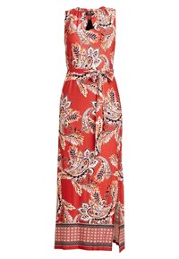 Abito lungo arancione con motivo paisley, design senza maniche, collo con lacci regolabili, cintura in vita e dettagli decorativi sul fondo.