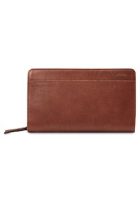 Brown leather wallet featuring a smooth texture, sleek rectangular design, and subtle branding on the front. Zipper pull tab included.