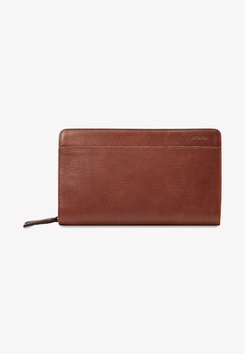 Portefeuille en cuir marron avec une texture lisse, un design rectangulaire épuré et un logo discret à l'avant. Tirette de zip incluse.
