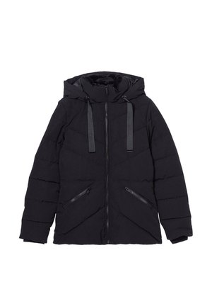 Doudoune d'hiver noire matelassée avec fermeture éclair frontale, poches latérales zippées, capuche avec cordon de serrage, et doublure intérieure douce au niveau du col.