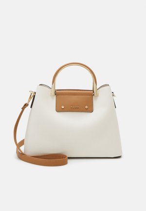 White pebbled leather handbag with a brown leather accent and top handle. Includes a detachable shoulder strap and gold-tone hardware.