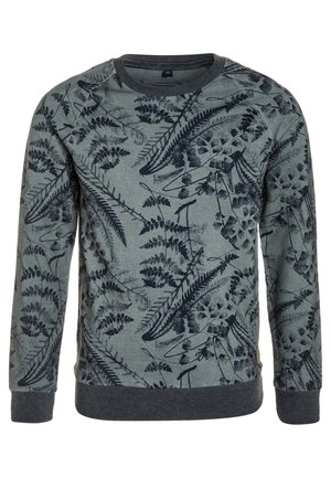 Pullover aus grauer Baumwolle mit Farnmuster in Dunkelblau. Rundhalsausschnitt, lange Ärmel sowie gerippte Bündchen und Saum. Glatte Textur.