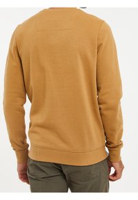 Homme portant un sweat-shirt couleur moutarde et un pantalon vert olive, vu de dos sur un fond blanc uni.