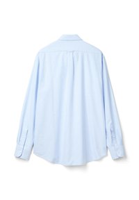 Světle modrá košile s dlouhými rukávy, klasickým límečkem, manžetami na knoflíky a rovnou zádovou částí, vyrobená z hladké bavlněné tkaniny.