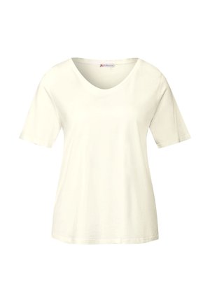 Weißes kurzärmliges Damenshirt mit rundem Halsausschnitt auf einem schlichten weißen Hintergrund.