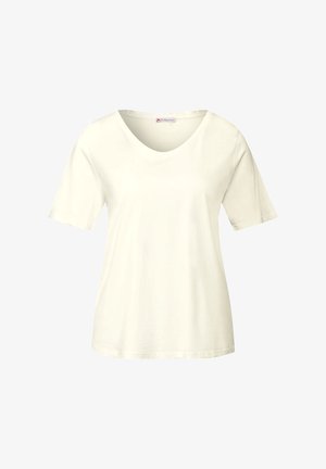 Weißes kurzärmliges Damenshirt mit rundem Halsausschnitt auf einem schlichten weißen Hintergrund.