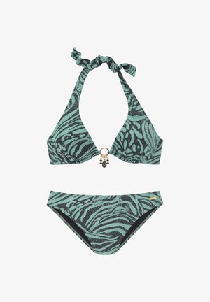 Bikini-Set mit grünem und schwarzem Zebramuster, Neckholder-Oberteil mit Bindebändern, goldfarbenem Ringakzent und passendem Bikinihöschen.