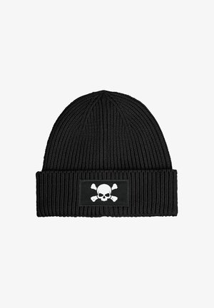 Black knit beanie with ribbed texture and a folded cuff. Features a rectangular patch with a white skull and crossbones graphic.