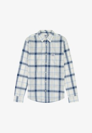 Koszula z długim rękawem w jasnoniebieską i białą kratę, wykonana z tkaniny tkanej. Posiada kołnierzyk, dwie kieszenie na piersi oraz zapięcie na guziki.