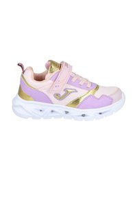 Zapatillas infantiles con un diseño en rosa pastel y lavanda, detalles en dorado metálico y una tira de velcro sobre una suela blanca.