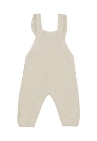 Salopette pour bébé de couleur crème en tricot, avec de larges bretelles et des bords ondulés, conçue pour le confort et la chaleur.