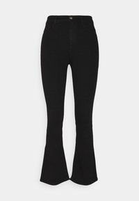 Jeans acampanados negros hechos de denim, con una parte superior ajustada y un dobladillo más ancho, con cierre de botones y cremallera en la parte delantera, ideales para el uso casual.