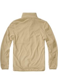 Beige színű bolyhos dzseki magas gallérral, hosszú ujjal és sima textúrával. Minimalista dizájn, látható minták vagy fém alkatrészek nélkül.