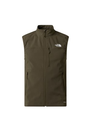 Bezrękawnik w kolorze oliwkowej zieleni wykonany z miękkiego materiału, z wysokim kołnierzem, zamkiem błyskawicznym z przodu oraz dwoma bocznymi kieszeniami na zamek. Logo na piersi.