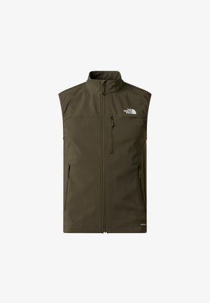 Ärmellose Weste in Olivgrün aus weichem Material, mit hohem Kragen, Reißverschluss vorne und zwei seitlichen Reißverschlusstaschen. Logo auf der Brust.