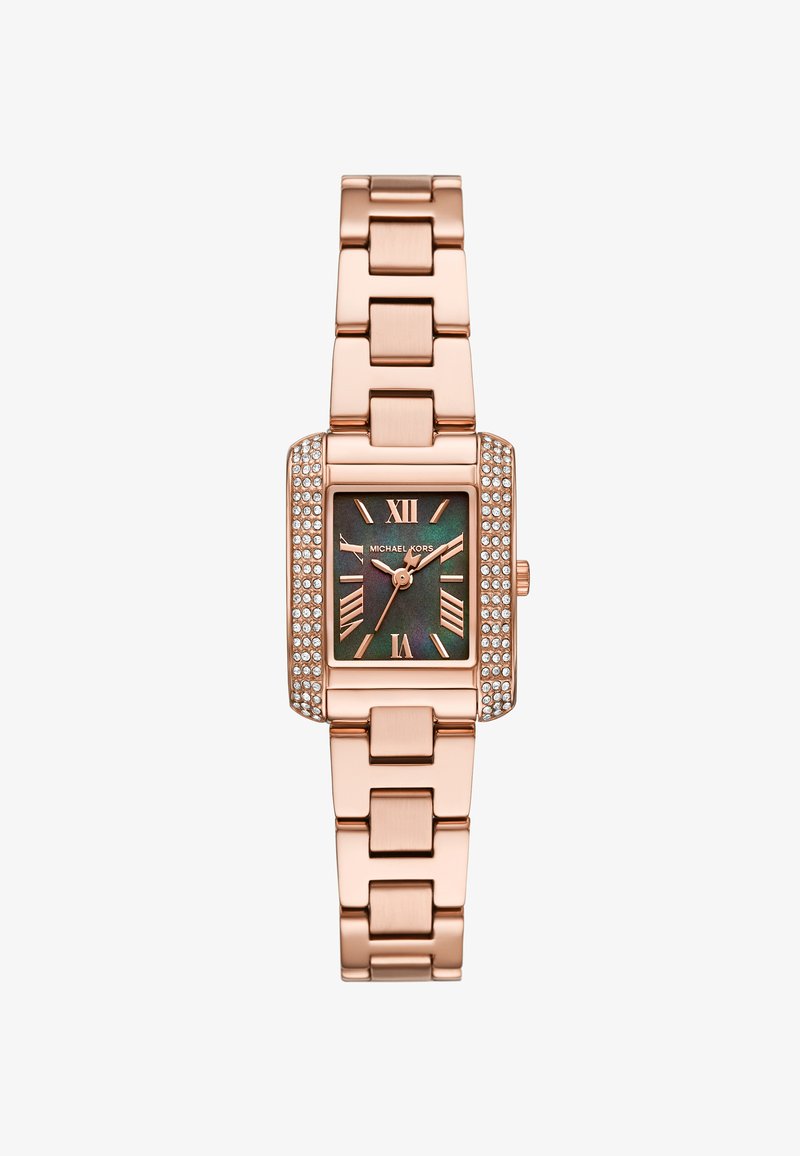 Orologio rettangolare Michael Kors con cinturino in metallo color oro rosa, accenti di cristallo che circondano il quadrante e un quadrante in madreperla verde scuro.