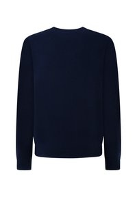 Ciemnoniebieski sweter wykonany z miękkiego materiału, z okrągłym dekoltem, długimi rękawami oraz ściągaczami na mankietach i u dołu, co zapewnia dopasowany krój.