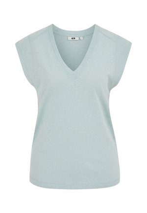 Hellblaues ärmelloses V-Ausschnitt-Top mit breiter Schulterbedeckung und lockerem Schnitt.