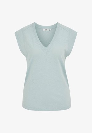 Hellblaues ärmelloses V-Ausschnitt-Top mit breiter Schulterbedeckung und lockerem Schnitt.