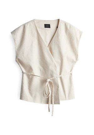 Cream-colored wrap top made of lightweight fabric, featuring short sleeves and a tied waist detail for a secure fit.