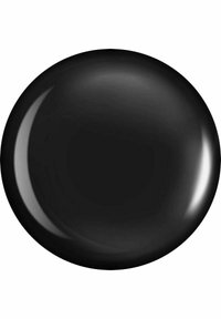 Glansende sort rund knap, glat overflade, ensartet farve, ingen synlige mønstre eller hardware, reflekterer svagt lys på overfladen.