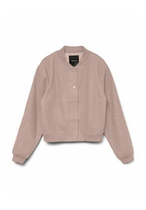 Giubbotto bomber cropped di un mauve chiaro con maniche lunghe, chiusura a bottoni automatici, polsini a coste e colletto a coste.