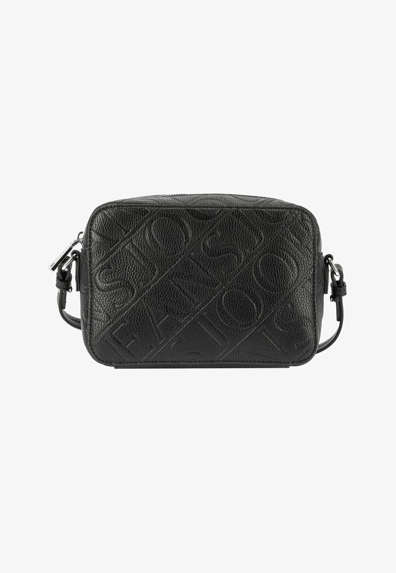 Borsa a tracolla in pelle nera con design del logo in rilievo, forma rettangolare, superficie strutturata e tracolla regolabile. Dettagli in metallo argentato.