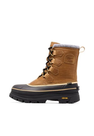 Brauner und schwarzer, isolierter Winterstiefel mit Gummisohle, Schnürung vorne, Fleecefutter und Vibram-Profil für Schnee- und Eisgriff.