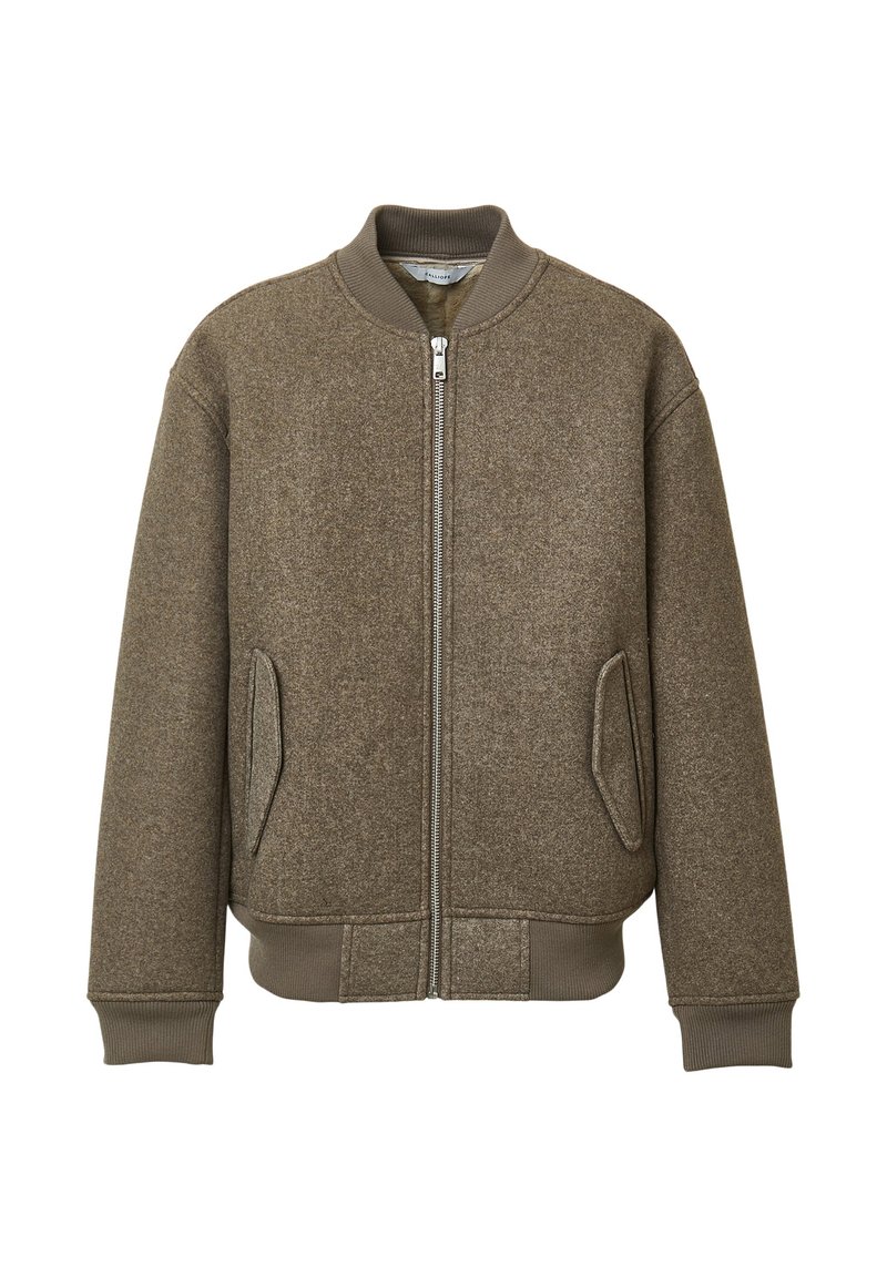 Giacca bomber marrone in misto lana testurizzata, con zip frontale, polsi a coste e tasche laterali. Design classico e taglio rilassato.