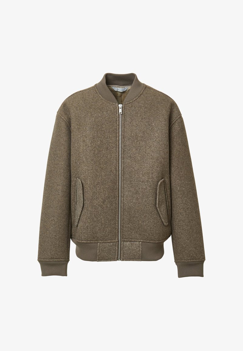 Giacca bomber marrone in misto lana testurizzata, con zip frontale, polsi a coste e tasche laterali. Design classico e taglio rilassato.