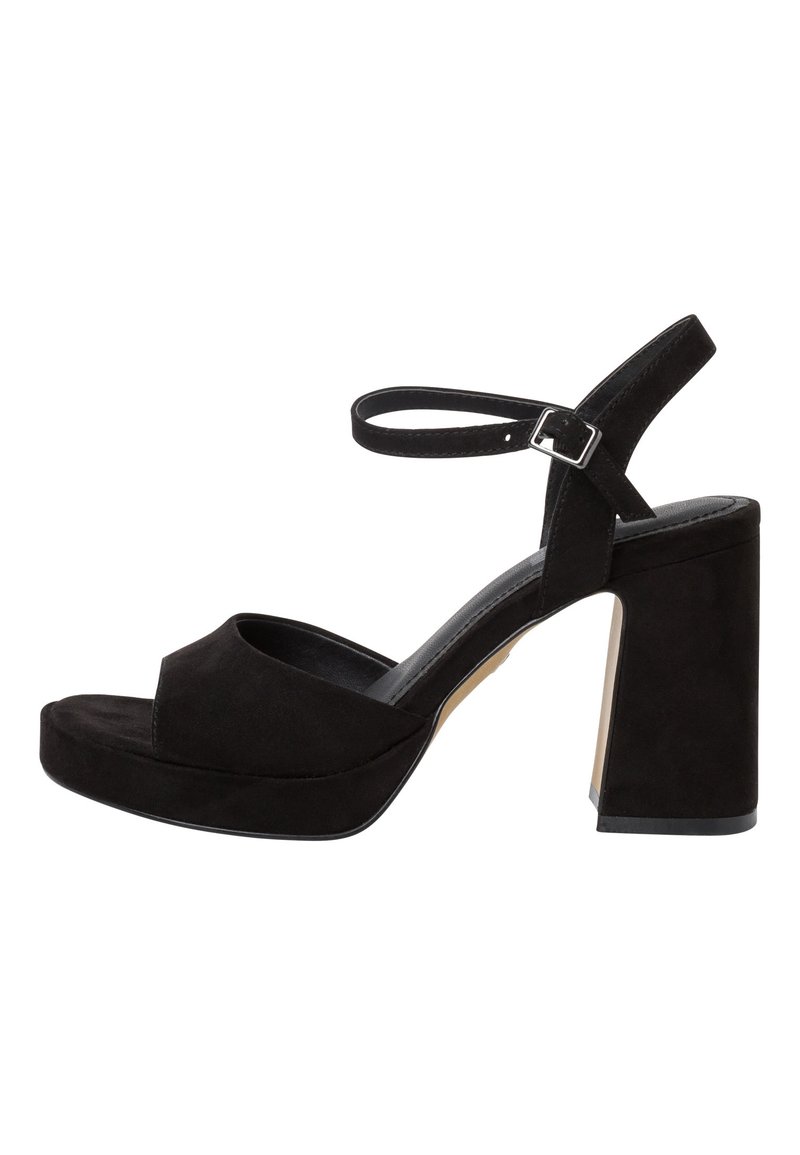 Black suede high-heeled sandals with an open toe, wide platform, adjustable ankle strap, and a chunky block heel.