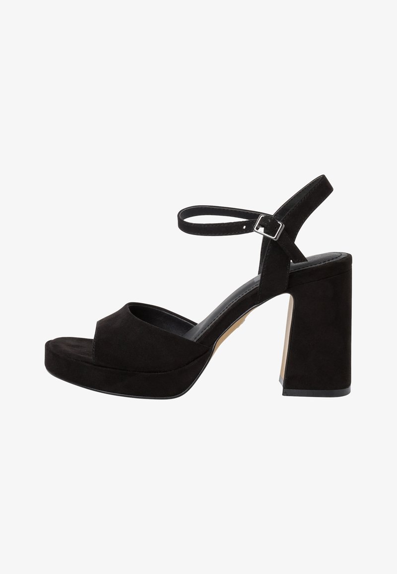 Black suede high-heeled sandals with an open toe, wide platform, adjustable ankle strap, and a chunky block heel.
