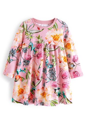 Różowa sukienka dla małego dziecka z długim rękawem, kolorowy nadruk kwiatów i motyli, okrągły dekolt i marszczona talia.