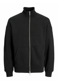 Sort zip-up sweatshirt med høj krave, blød tekstur og kengurulommer. Ribstrikkede manchetter og kant, med sølvfarvet lynlås og stikninger.