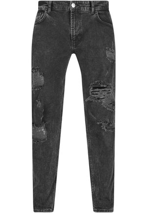 Mustat farkut, joissa on kulutettuja yksityiskohtia ja useita repeytyneitä alueita. Slim fit -malli, jossa on viisi taskua ja nappisuljenta.