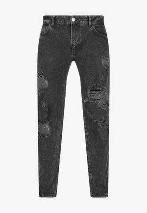 Schwarze Jeans aus Denim mit abgewetzten Details und mehreren Rissen. Schmale Passform mit fünf Taschen und einem Knopfverschluss.